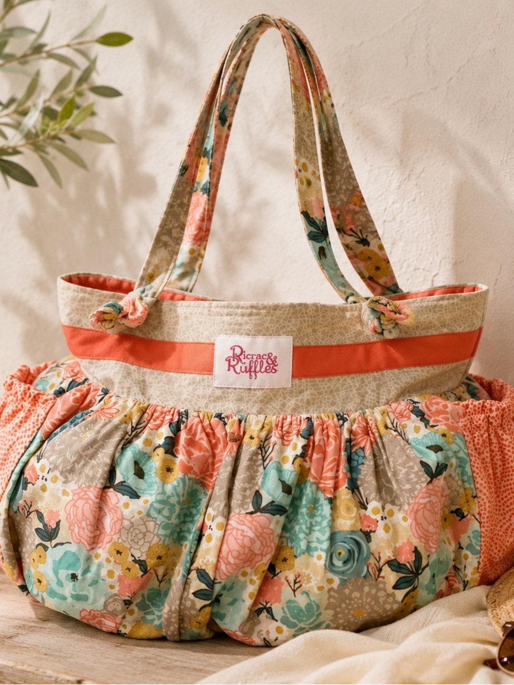 Ricrac & Ruffles Floral Tote Bag Large Gathered Boho Shoulder Bag Multi